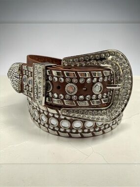 CTM 50118 Western Rhinestone Faux Leather Belt Brown Bling 2XL 40-44 READ